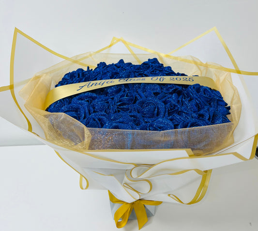 Blue White & Gold Personalised Glitter Rose Bouquet Gift