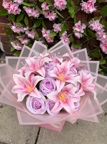 Pink Lily & Lilac Lavender Rose Luxury Artificial Flower Bouquet Gift Box