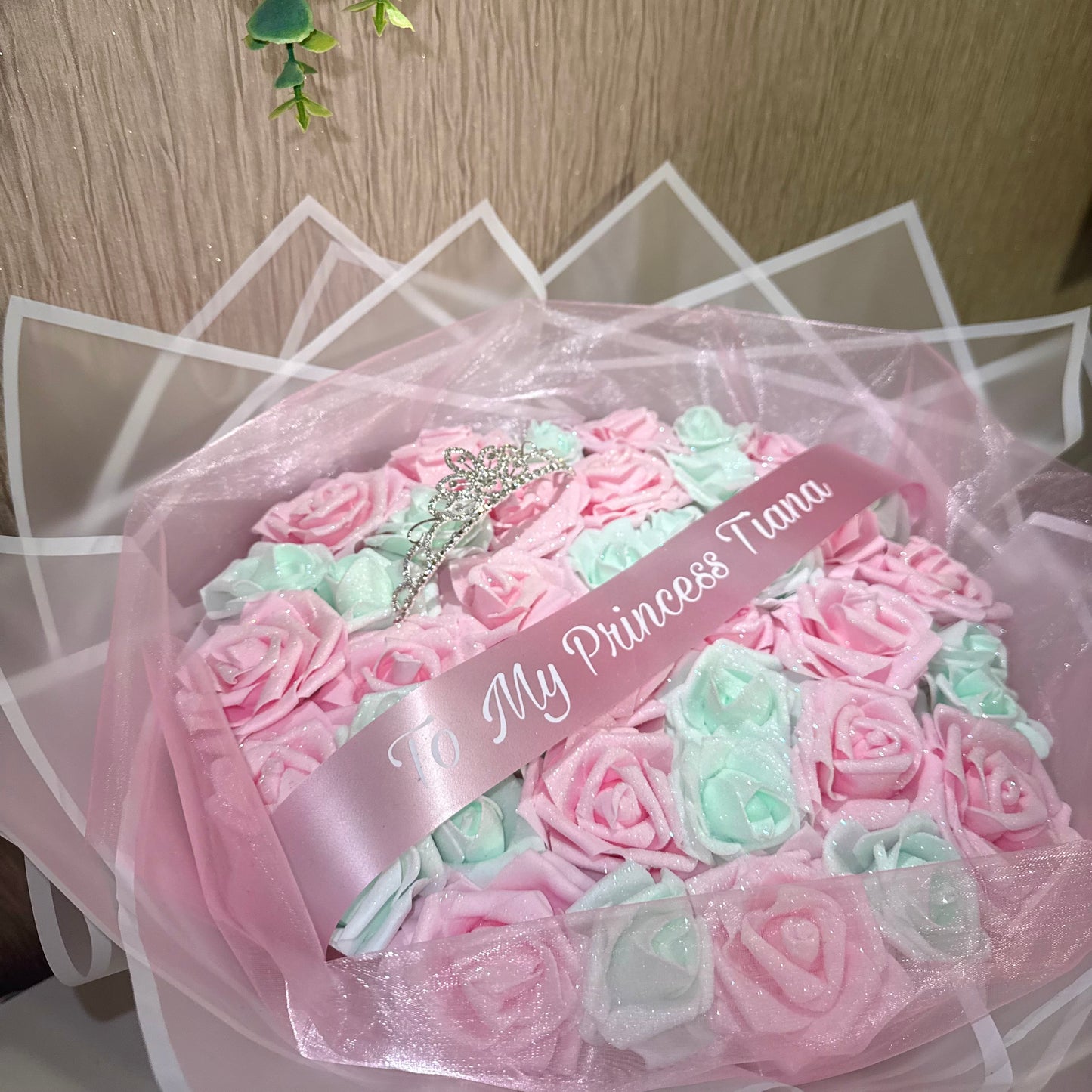 Blush Pink & Pale Green Glitter Rose Tiara Personalised Bouquet