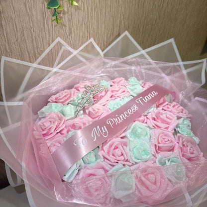 Blush Pink & Pale Green Glitter Rose Tiara Personalised Bouquet