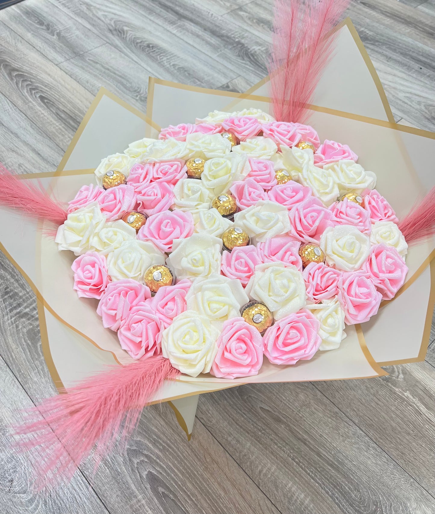 Hand Crafted Pink And Cream Large Chocolate Glitter Rose Bouquet