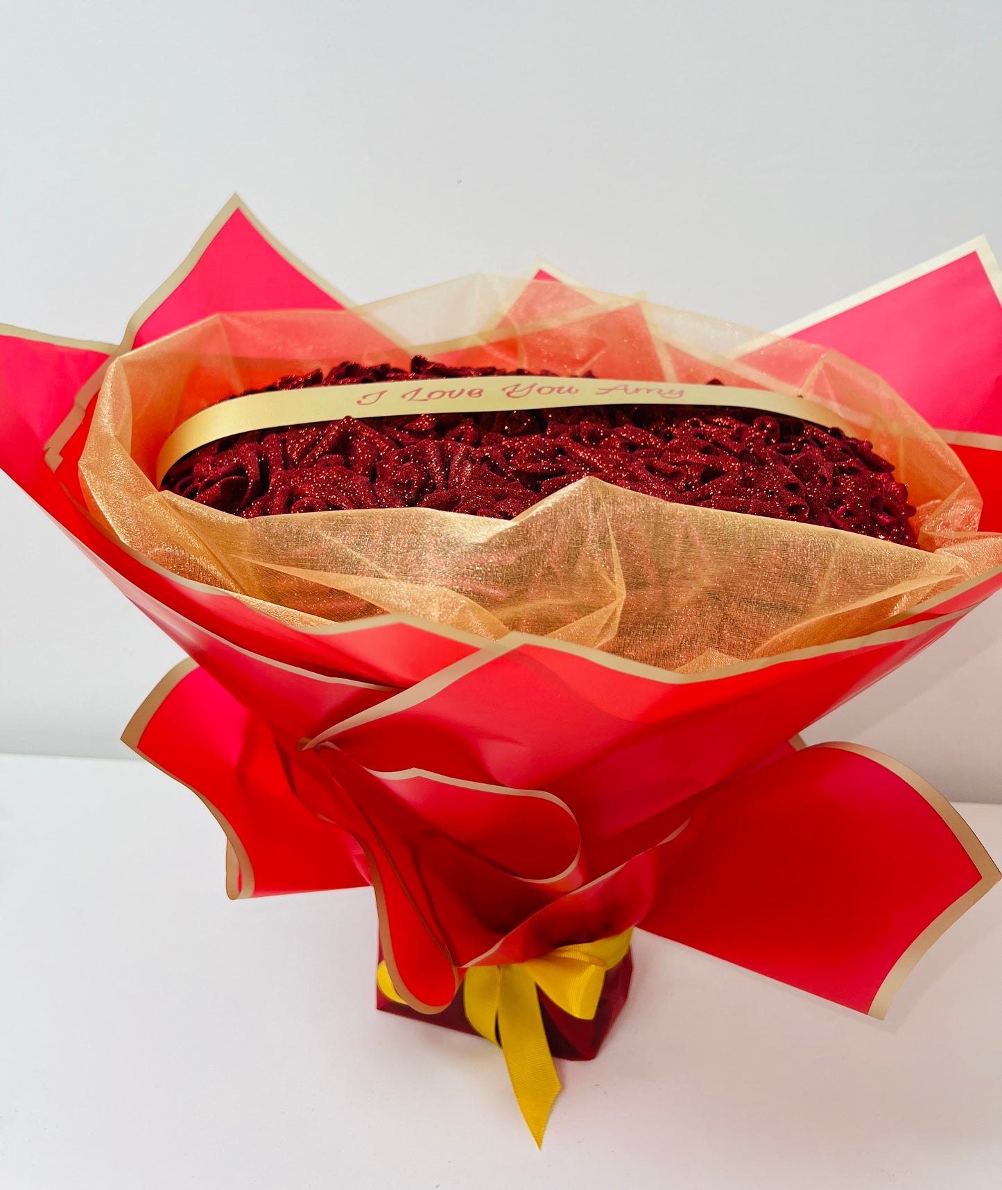 Personalised Red & Gold Glitter Rose Flower Bouquet Any Occasion Gift