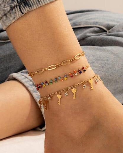 Gold Layered Key Beaded Anklet Set