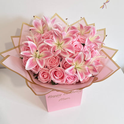 Personalised Flower Bouquet Gift Box Luxury Pink Rose & Lily Floral Arrangement for Any Occasion - Blooming Gifts