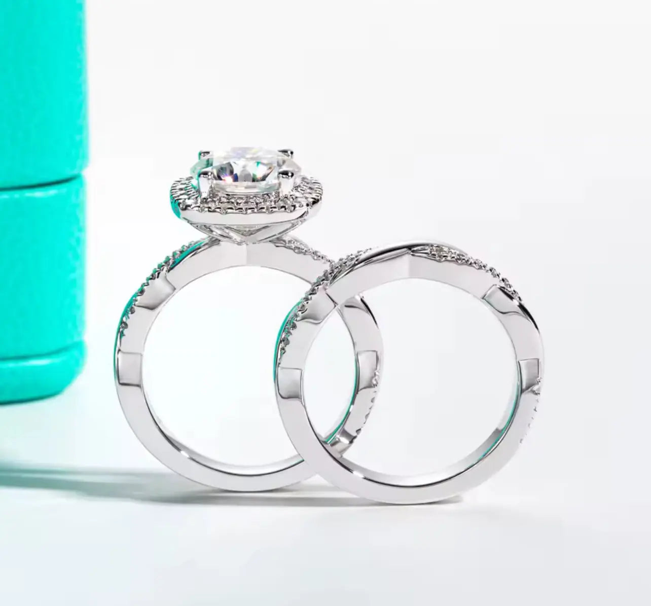 3CT Moissanite Halo Silver Engagement Ring Set