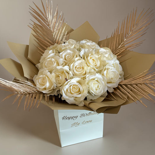 Elegant Ivory & Gold Personalised Rose Bouquet in Gift Box