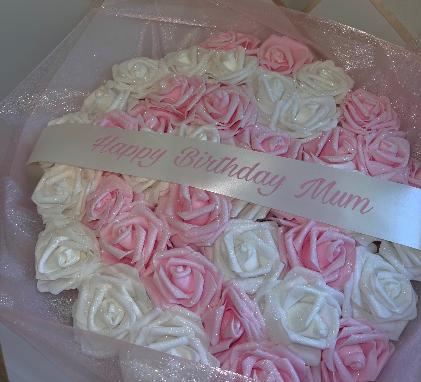 Pink & White Glitter Rose Personalised Rose Bouquet