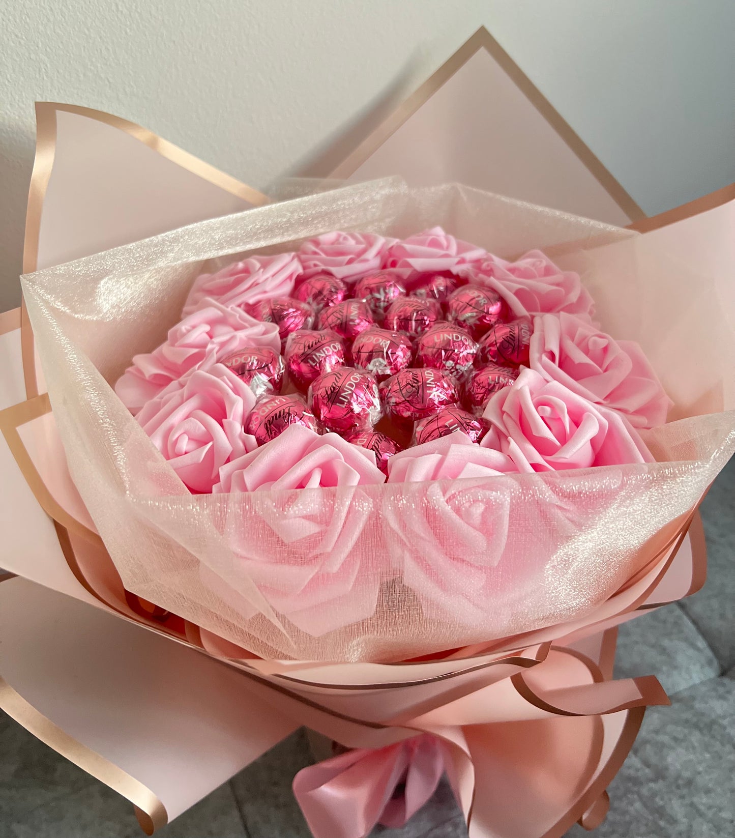 All Pink Handcrafted Lindor Chocolate Rose Flower Bouquet