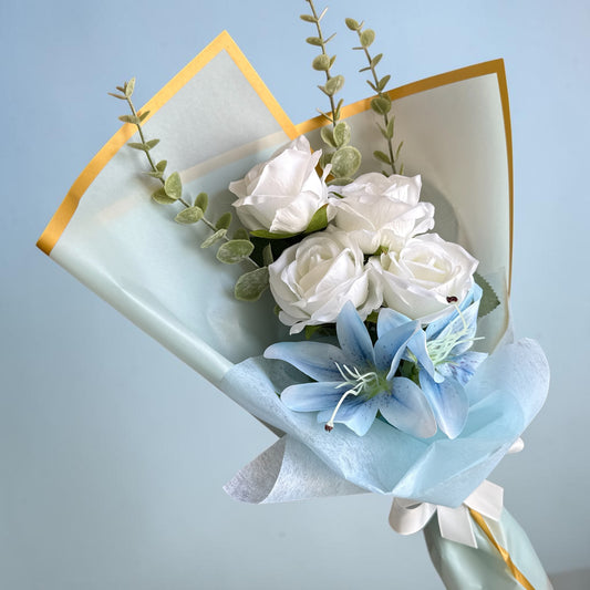 Blue & White Hand Held Rose & Lily Bouquet