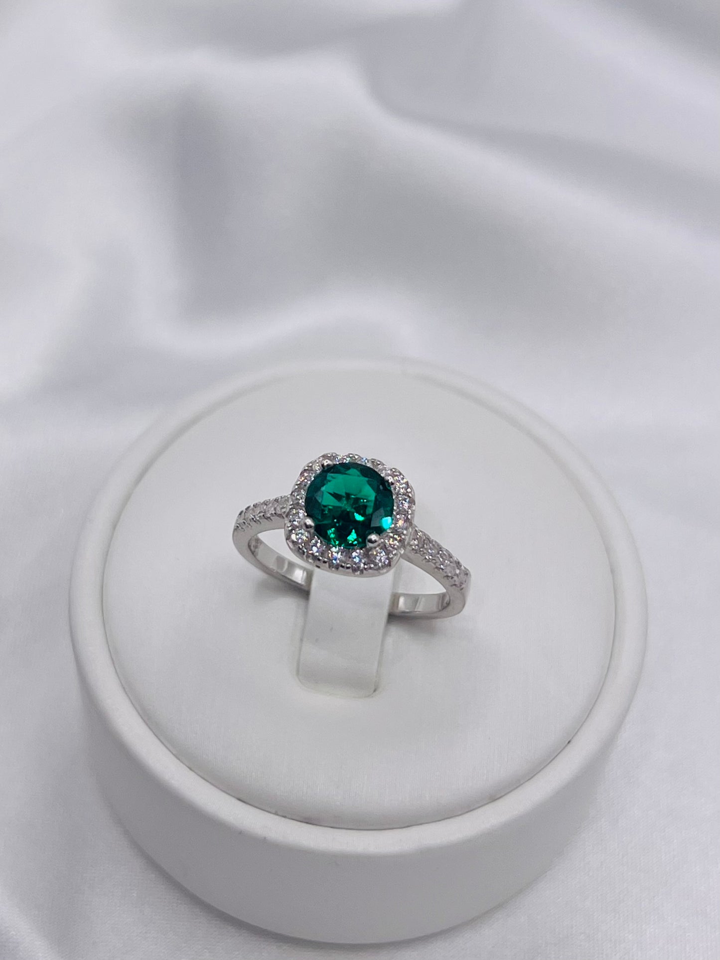 1CT Sterling Silver Emerald Green Engagement Ring