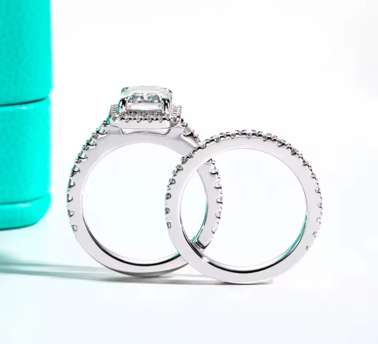 3CT Emerald Cut Silver Moissanite Engagement Ring Set