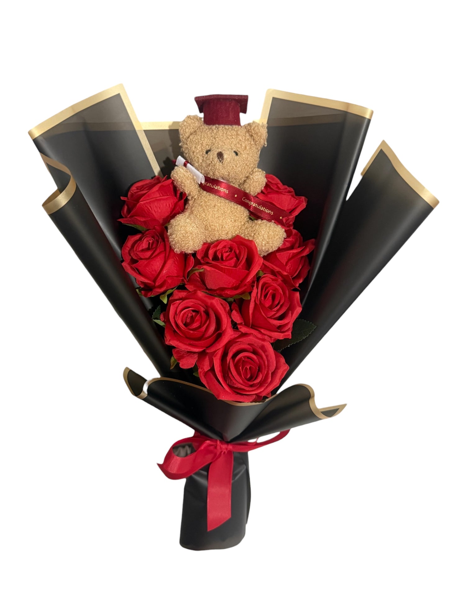 Graduation Teddy Bouquet With Red Roses Gift