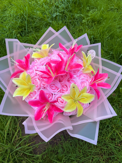 Pink Rose Bouquet with Pink & Yellow Lilies