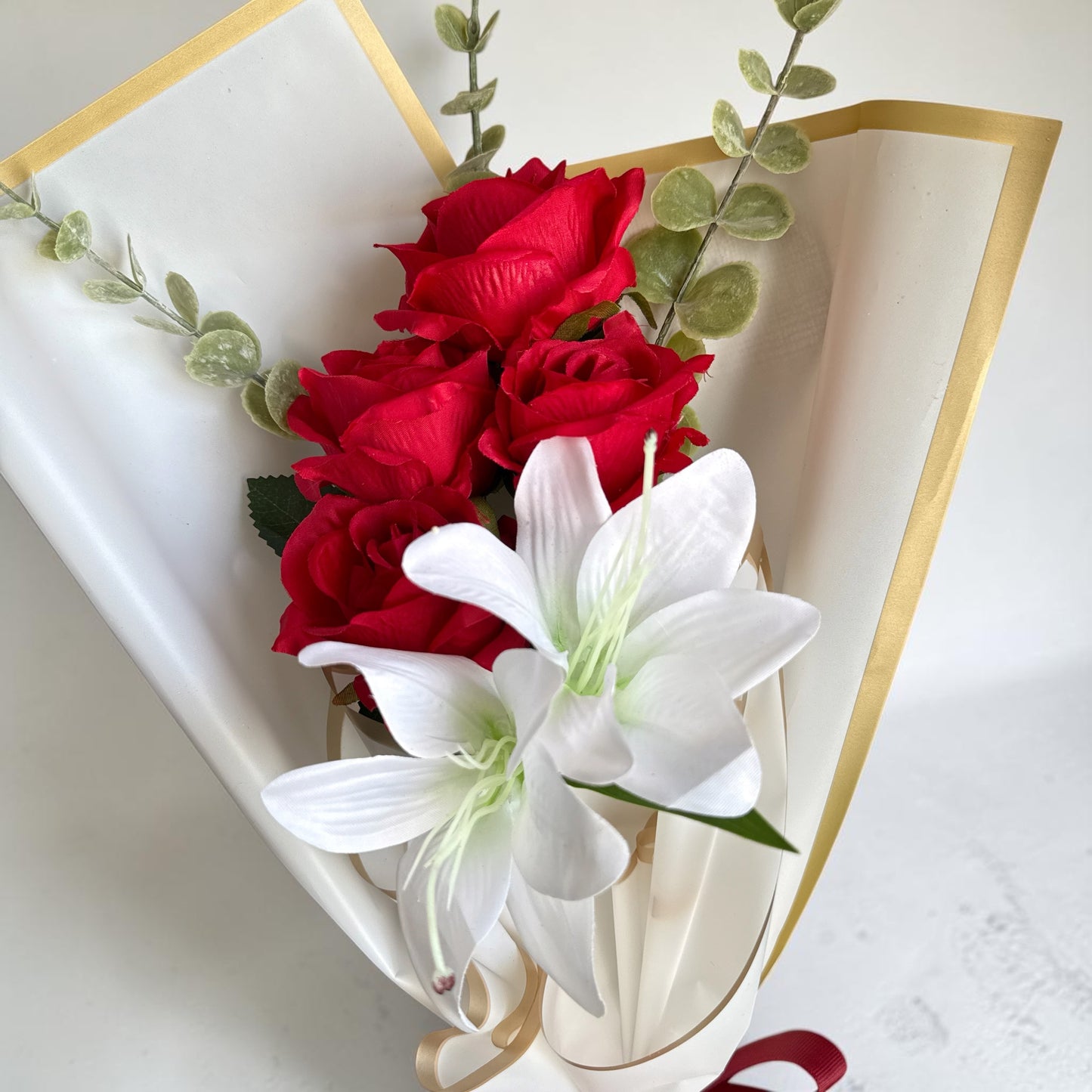 Elegant Handheld Red & White Rose & Lily Bouquet