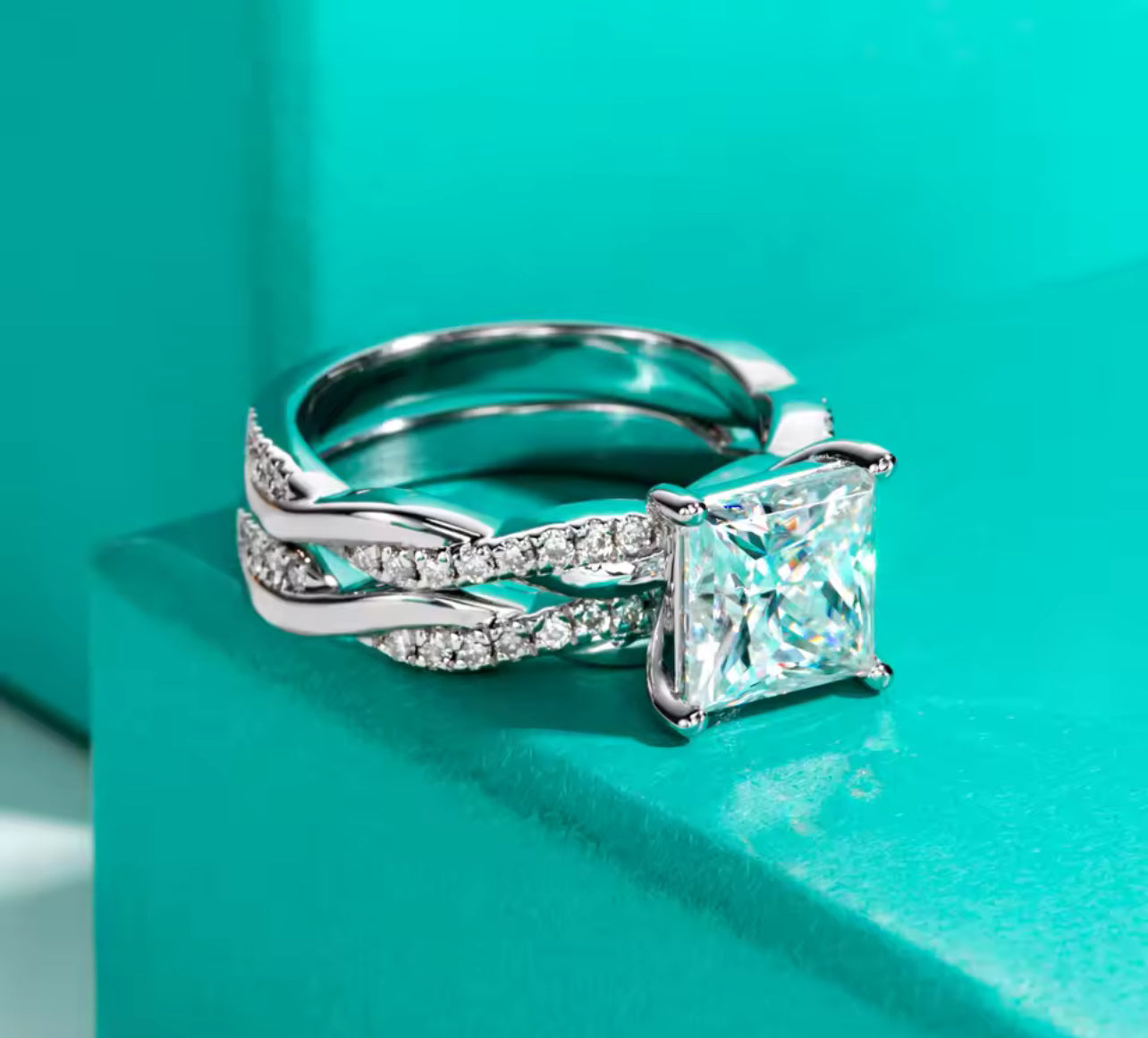 3CT Moissanite Princess Cut Silver Engagement Ring Set