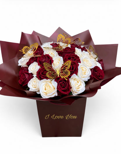 Luxury Red & Ivory Artificial Rose Bouquet with Gold Butterflies | Forever Roses