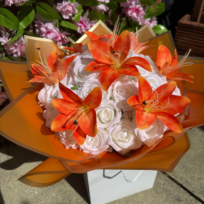 Personalised Orange Lily & White Rose Forever Flower Bouquet