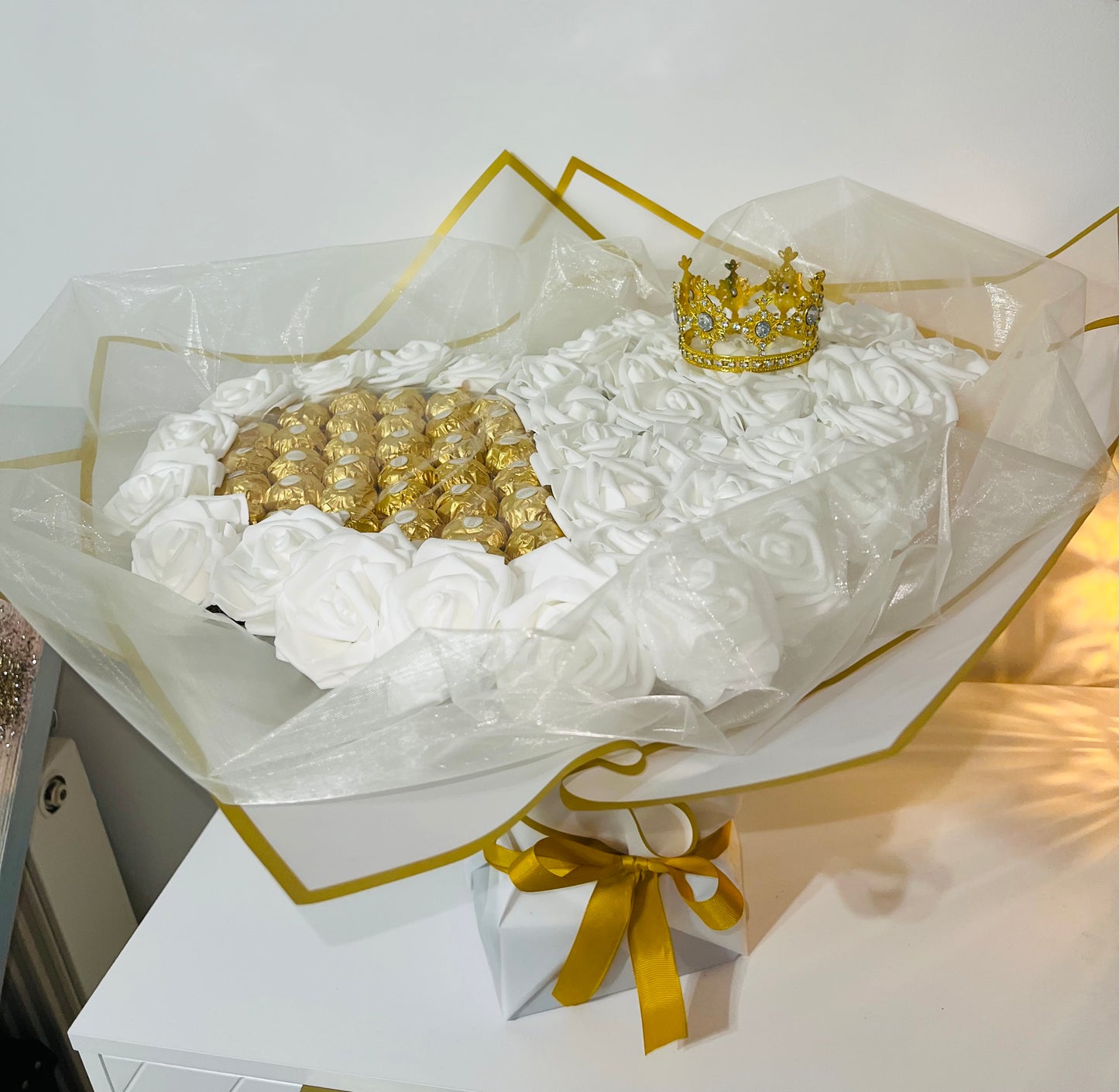 XL White Rose Ferrero Rocher Bouquet With Crown
