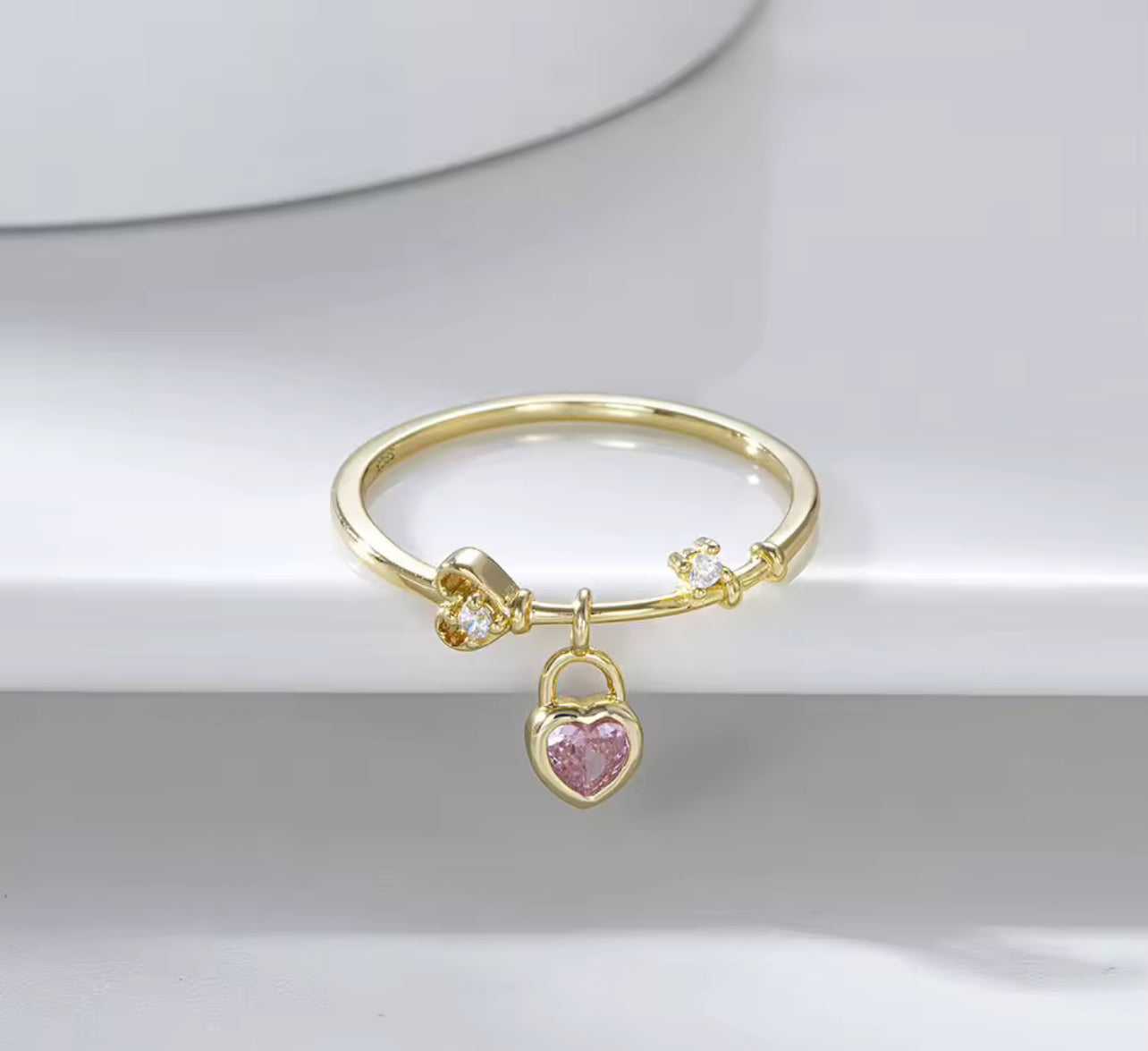 Silver / Gold Pink Love Heart Womens Ring