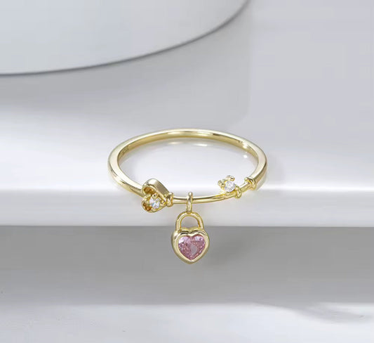 Silver / Gold Pink Love Heart Womens Ring