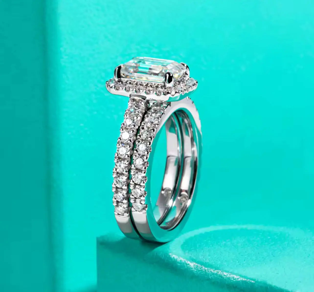 3CT Emerald Cut Silver Moissanite Engagement Ring Set