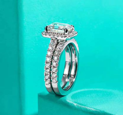 3CT Emerald Cut Silver Moissanite Engagement Ring Set