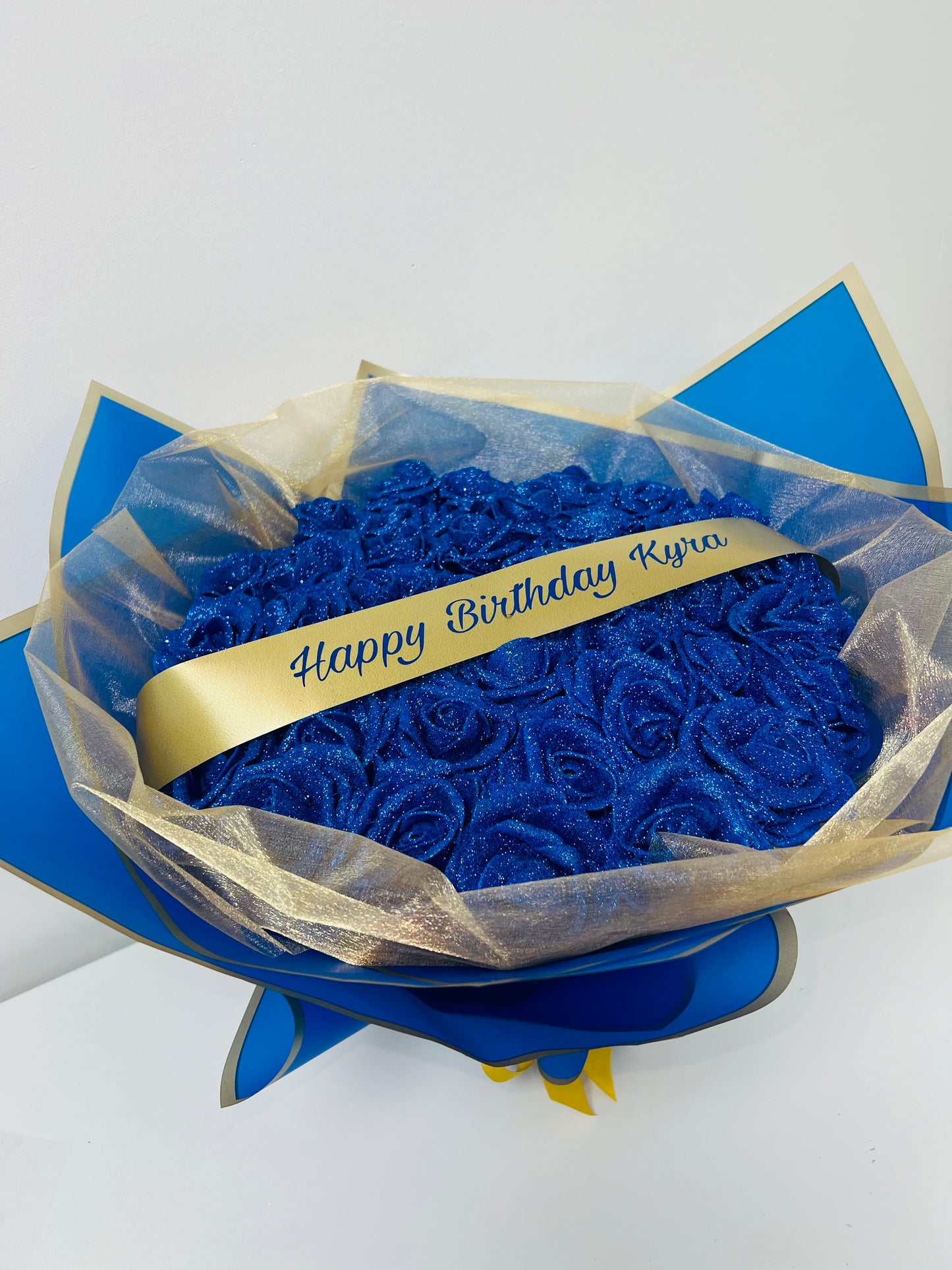 Personalised Message Blue & Gold Glitter Rose Bouquet Gift