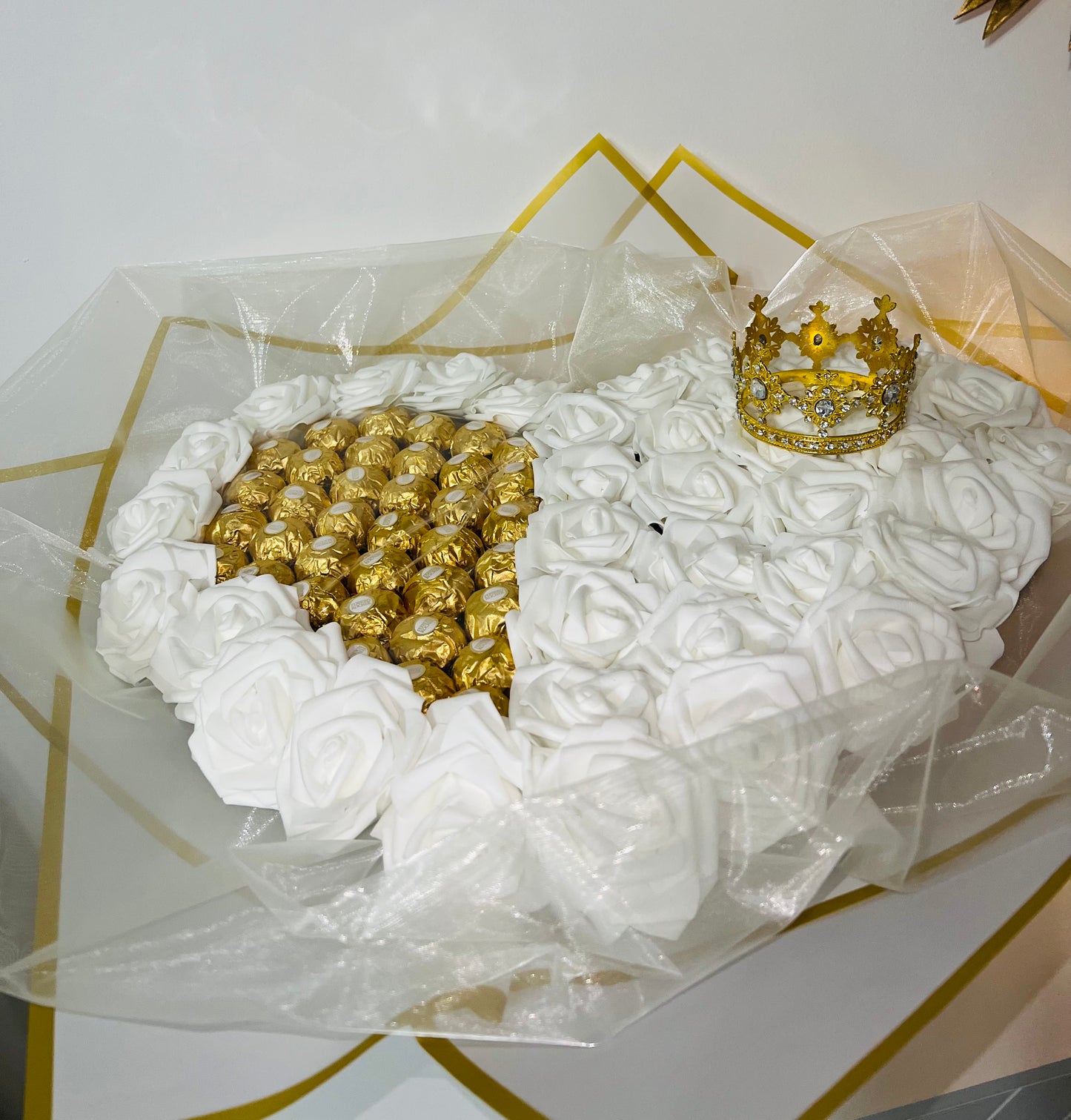 XL White Rose Ferrero Rocher Bouquet With Crown