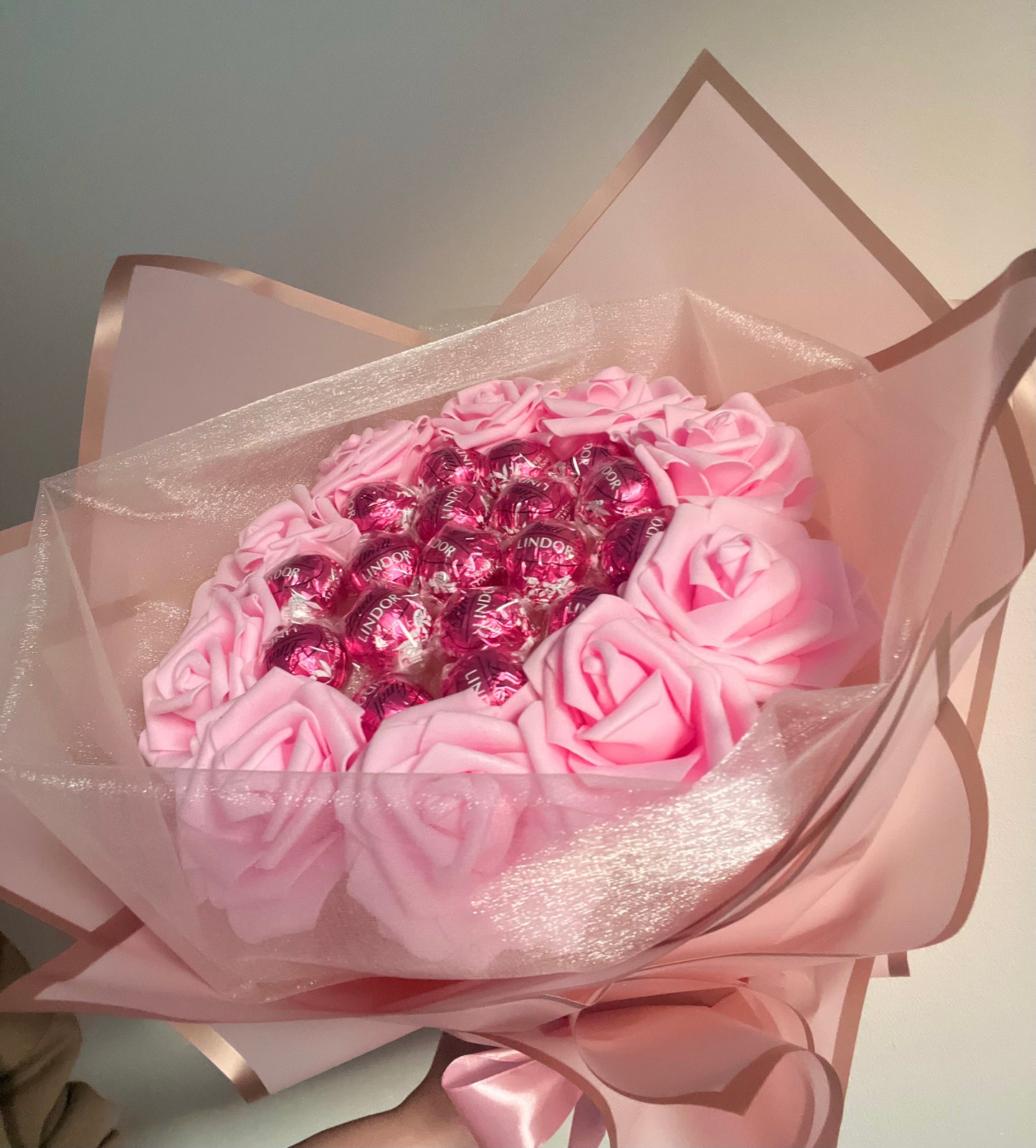 All Pink Handcrafted Lindor Chocolate Rose Flower Bouquet