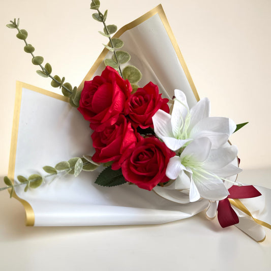 Elegant Handheld Red & White Rose & Lily Bouquet