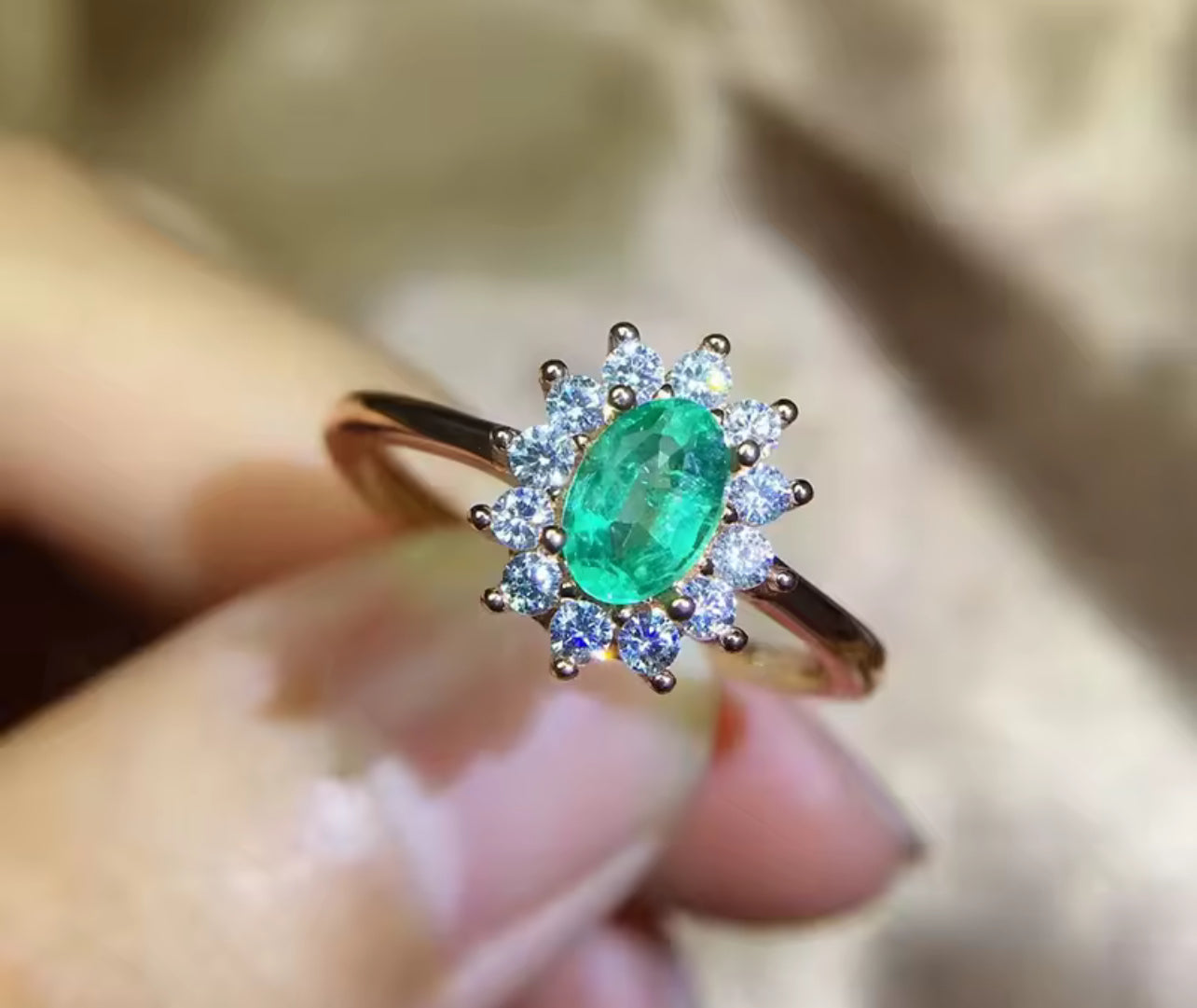 Natural Green Emerald Womens Floral Engagement Ring
