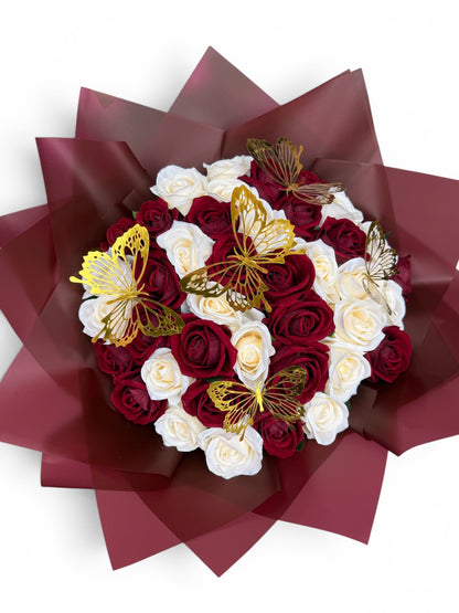 Luxury Red & Ivory Artificial Rose Bouquet with Gold Butterflies | Forever Roses