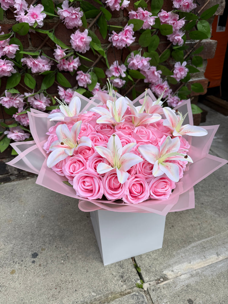 Luxury personalised pink rose and white lily forever flower bouquet