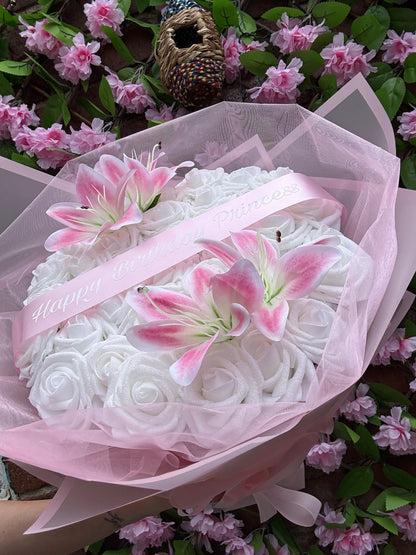Personalised White Glitter Rose Bouquet With Pink Lilies