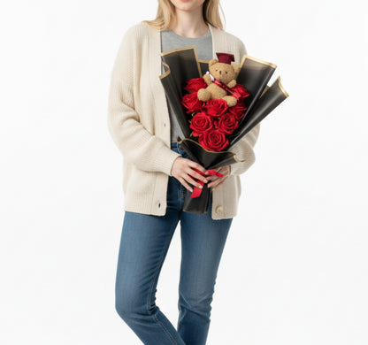Graduation Teddy Bouquet With Red Roses Gift