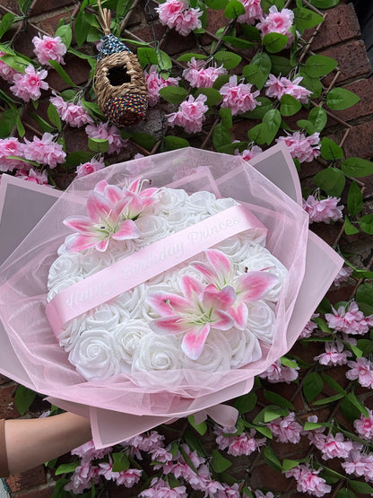 Personalised White Glitter Rose Bouquet With Pink Lilies