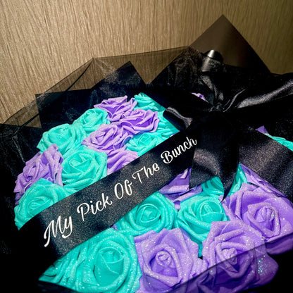 Purple & Turquoise Glitter Rose Personalised Bouquet