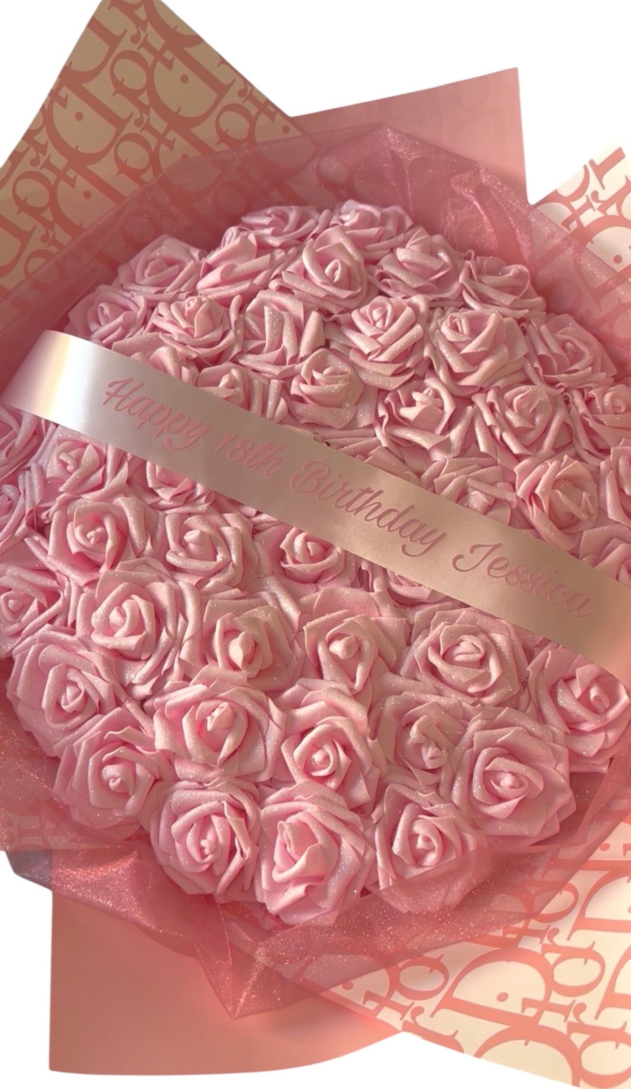 Pink & White Personalised Glitter Rose Bouquet High End Wrapping