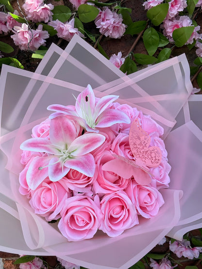 Luxury Pink Artificial Rose & Lily Handheld Butterfly Bouquet Everlasting Flower Arrangement