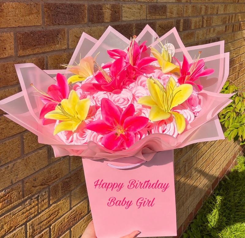 Pink Rose Bouquet with Pink & Yellow Lilies