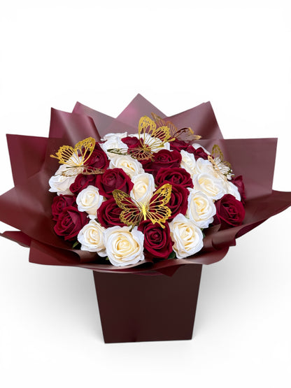 Luxury Red & Ivory Artificial Rose Bouquet with Gold Butterflies | Forever Roses