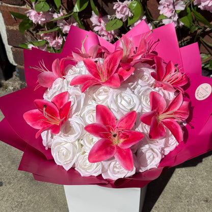 Personalised Hot Pink Lilys White Rose Bouquet