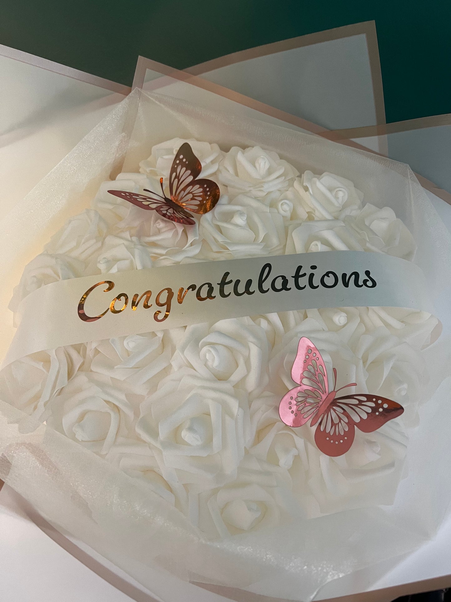 White & Rose Gold Rose Congratulations Flower Bouquet