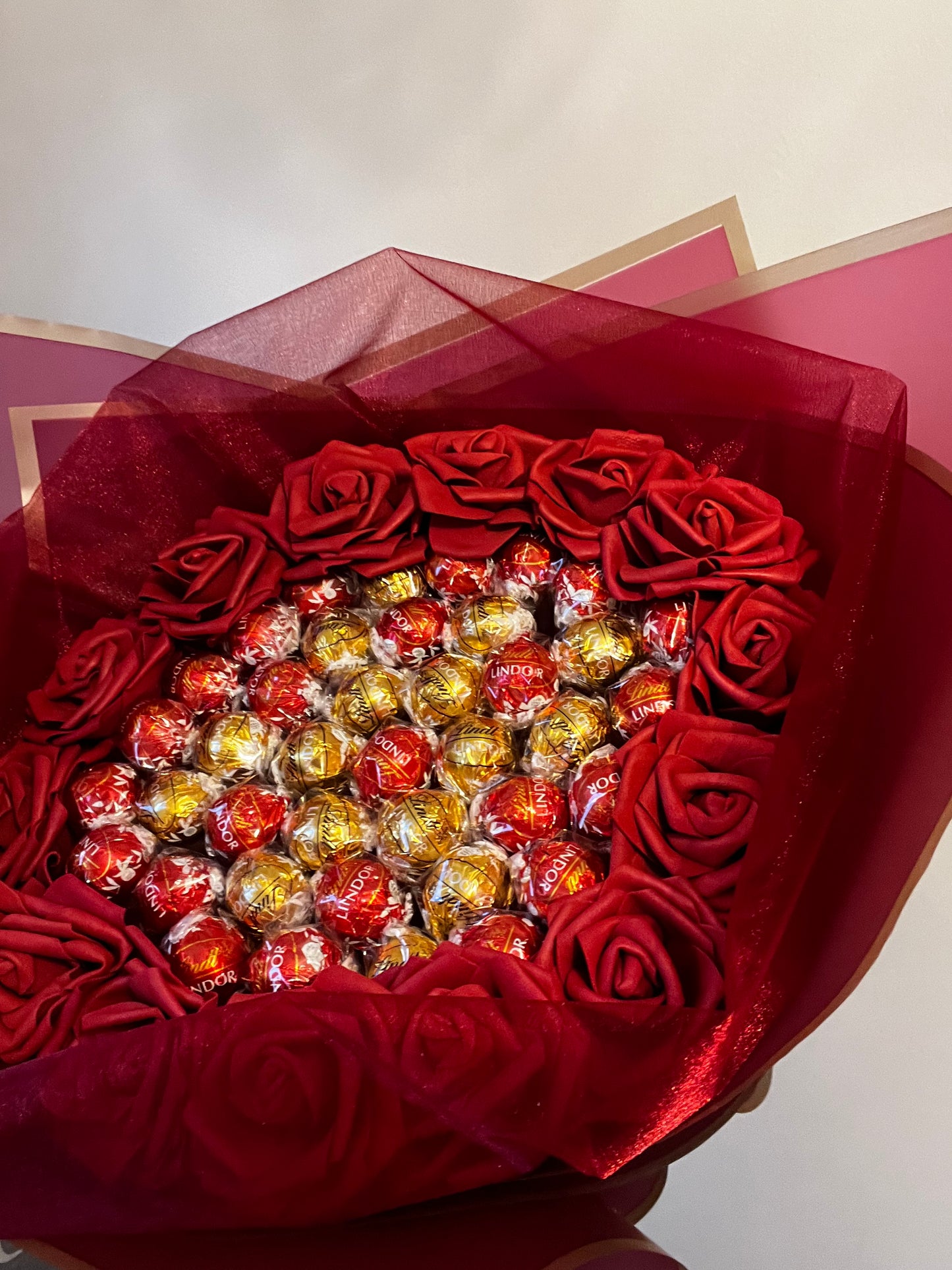 Red and Gold Lindor Chocolate Red Rose Flower Bouquet