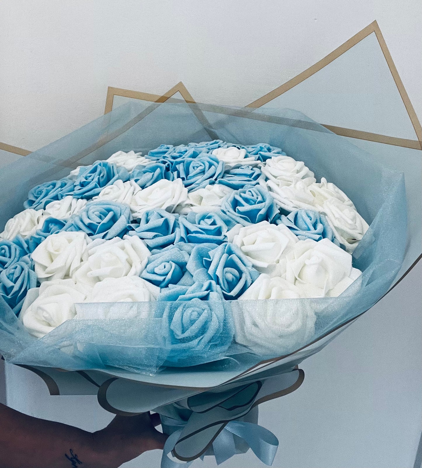 Blue & White Glitter Rose Flower Bouquet