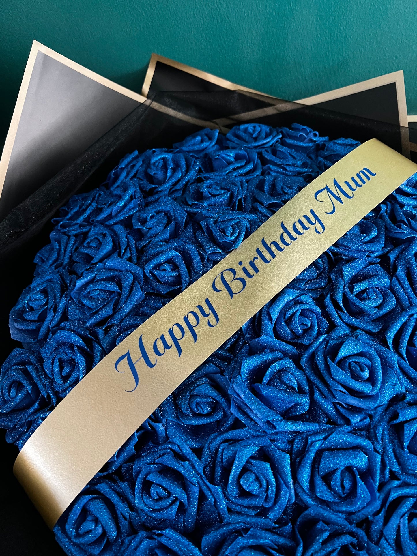 Personalised Any Message Royal Blue Glitter Rose Flower Bouquet