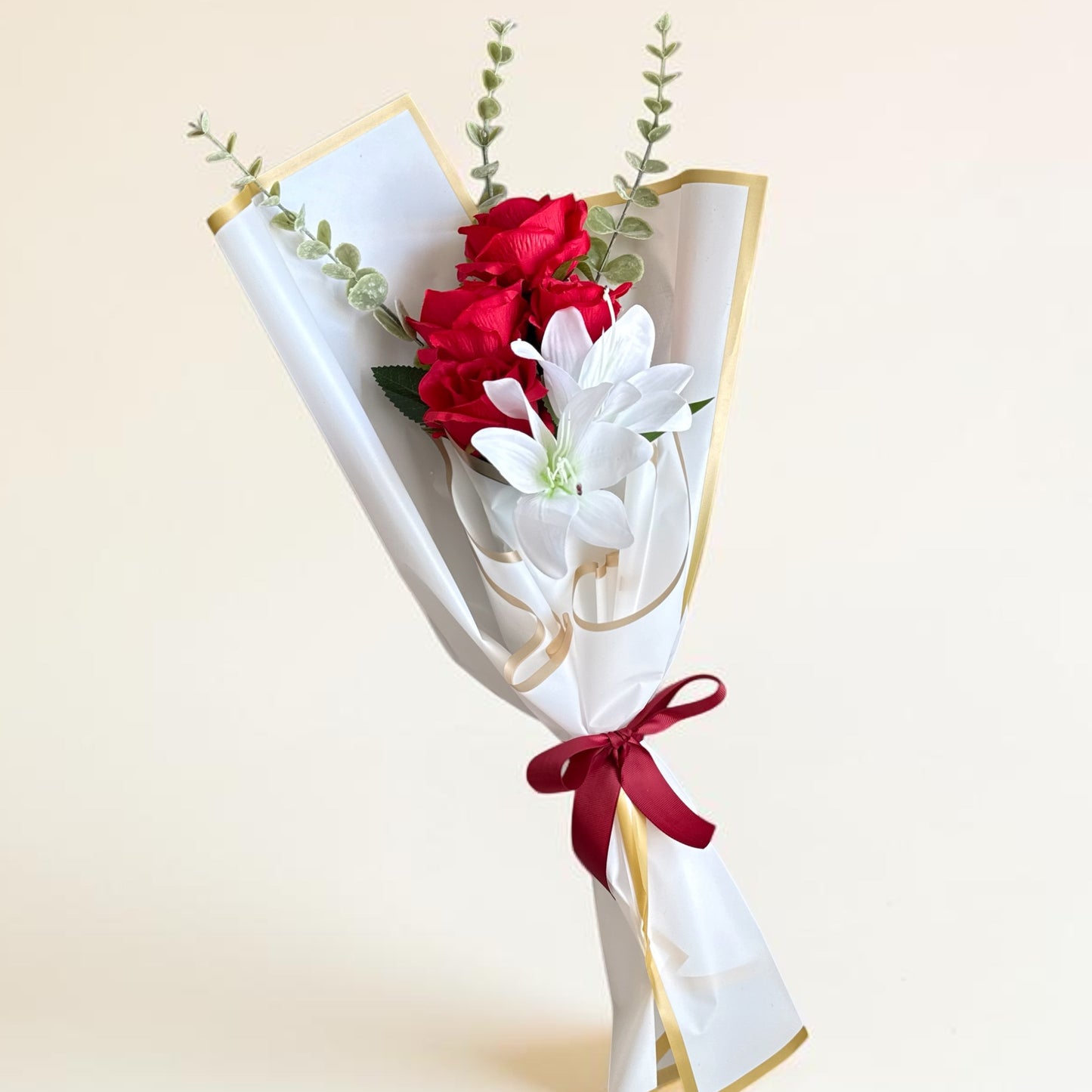 Elegant Handheld Red & White Rose & Lily Bouquet