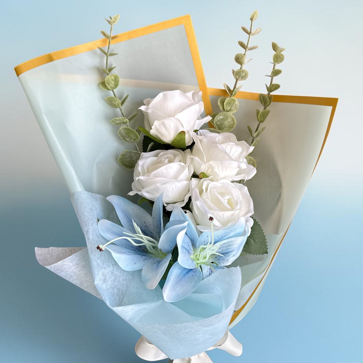 Blue & White Hand Held Rose & Lily Bouquet