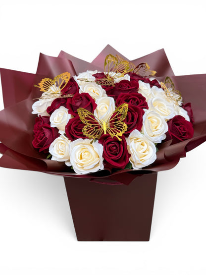 Luxury Red & Ivory Artificial Rose Bouquet with Gold Butterflies | Forever Roses