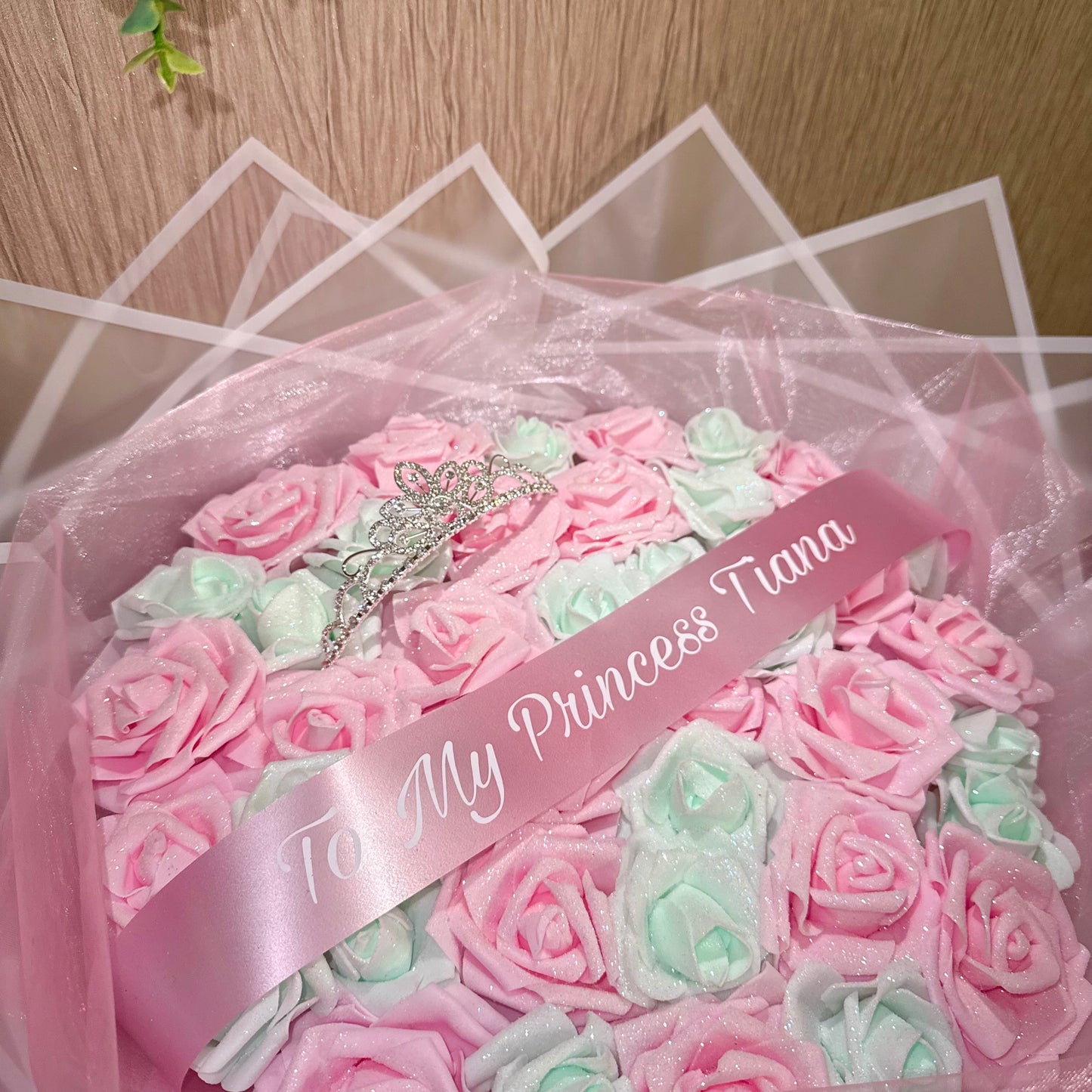 Blush Pink & Pale Green Glitter Rose Tiara Personalised Bouquet